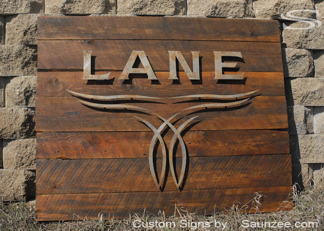 sign cut wood offSet out laser rustic logo signage timber metal sign,  on Rusty aged metal