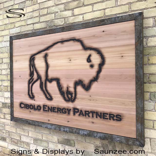 Business Sign Lobby Cibolo Energy Partners Metal Wood Burned Signs Branded