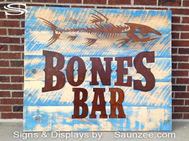 Steel 3D Signs Weathered Bones Bar Sign Metal Wood Restaurant Signs