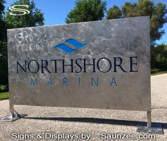 Steel Signs Texas NorthShore Marina Commercial Sign Grinding Textured Stainless Sign
