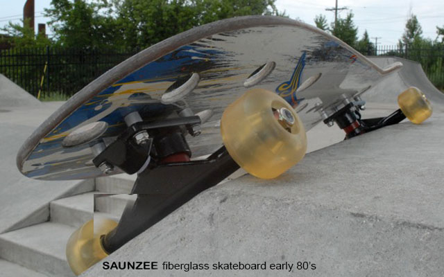 Vintage Saunzee Fiberglass Skateboards with holes in deck